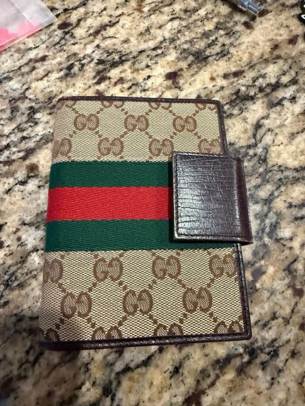 Authentic Gucci Beige Monogram Small Agenda with Green and Red Stripe